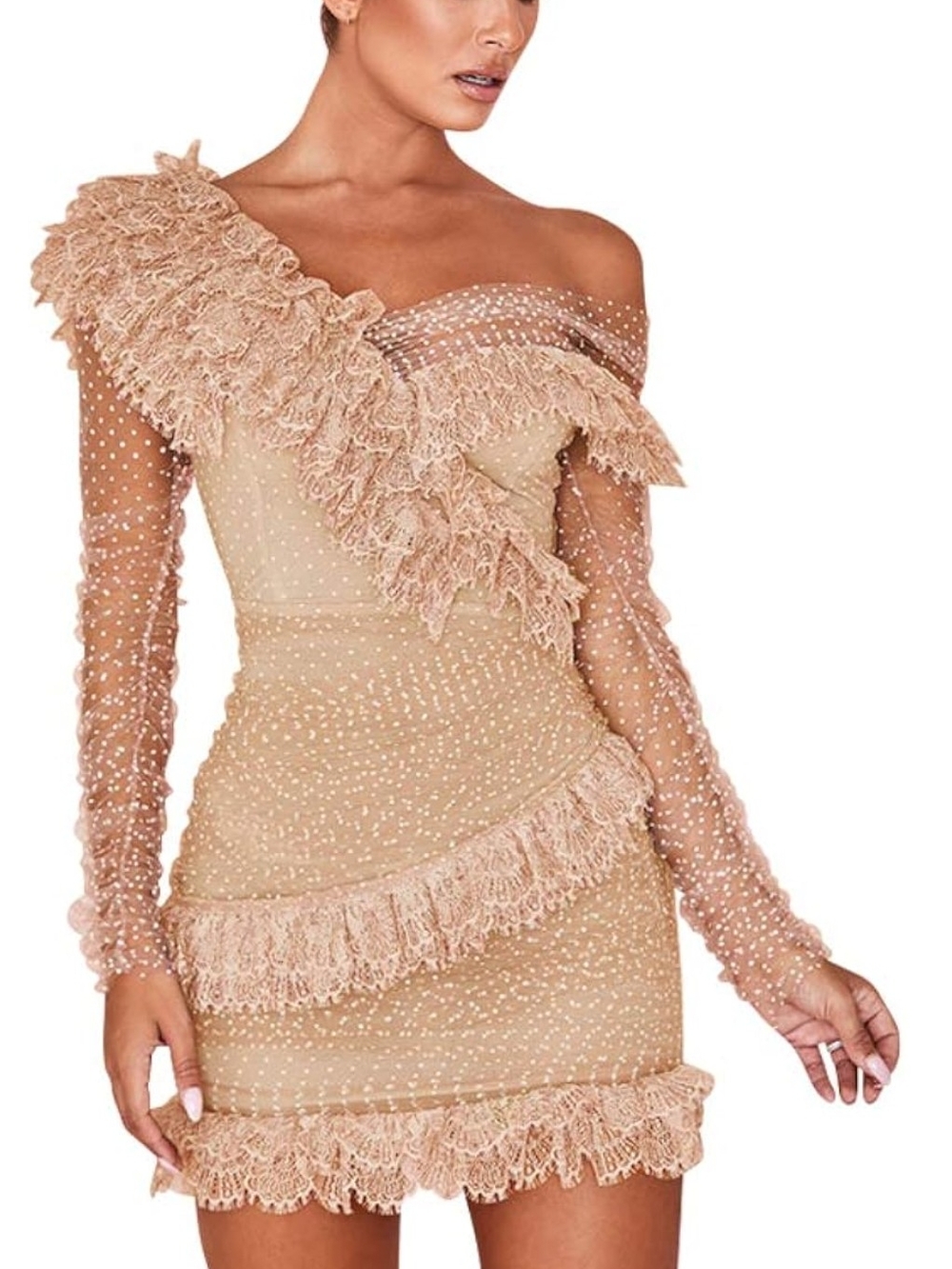 One-Shoulder Nude Ruffle Lace Mini Dress